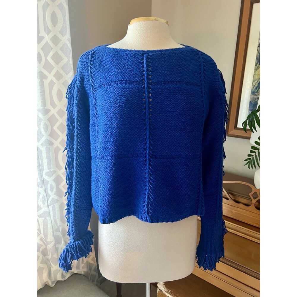 3.1 PHILLIP LIM Small Cashmere Angora Boxy Crop Fringed Open Knit Blue Sweater